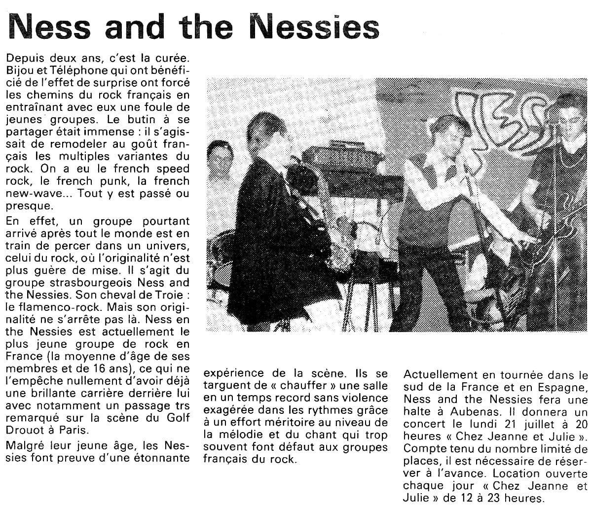 Annonce du concert de Ness and The Nessies à Aubenas parue dans le Dauphiné Libéré le 17 juillet 1980