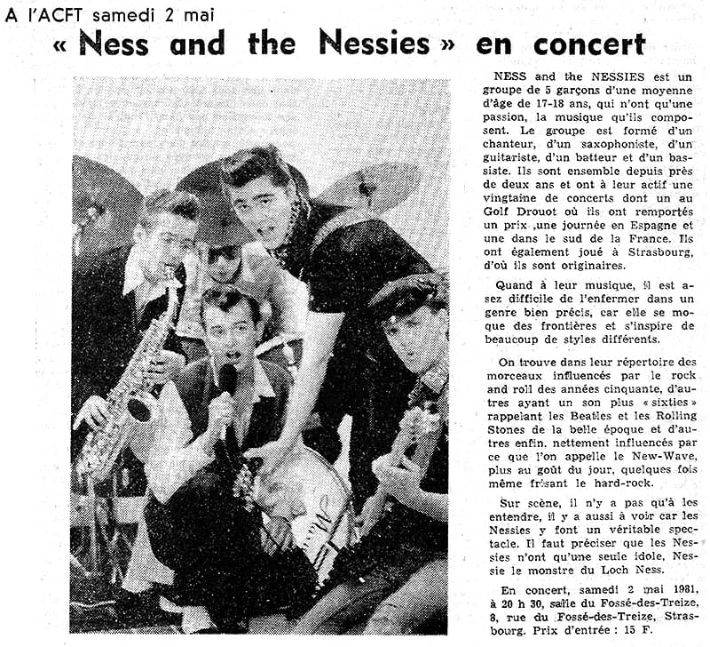 Annonce du concert de Ness and The Nessies à l'ACFT parue dans le Nouvel Alsacien le 28 avril 1981