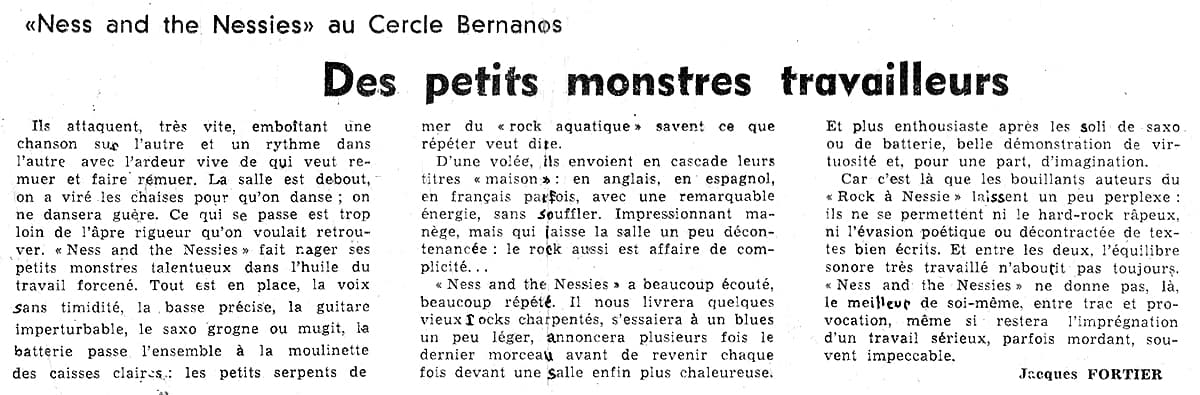Chronique du concert de Ness and The Nessies au Cercle Bernanos parue dans le Nouvel Alsacien en mai 1981