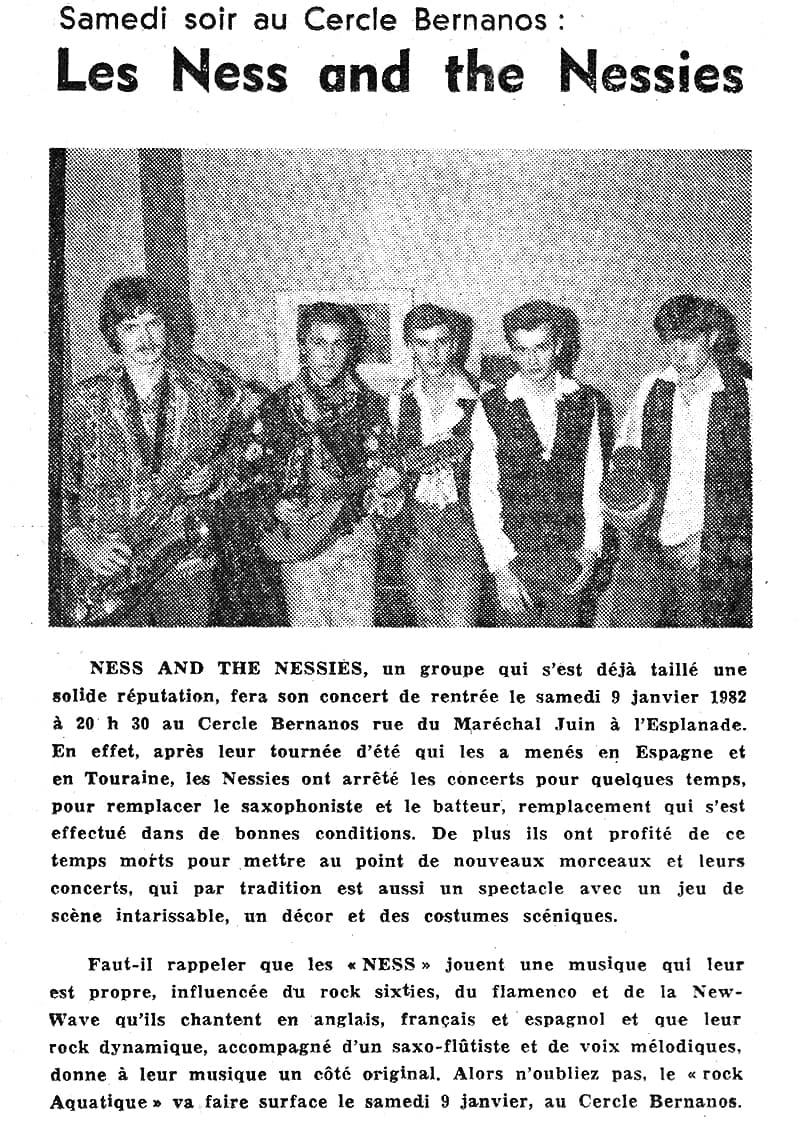Annonce du concert de Ness and The Nessies au cercle bernanos paru dans le Nouvel Alsacien le 7 janvier 1982
