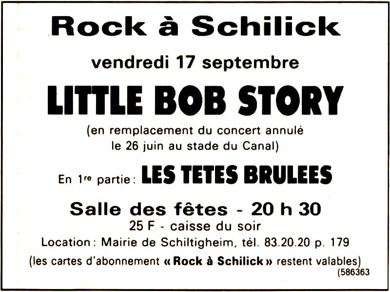 Annonce du concert des Têtes Brûlées avec Little Bob Story le 17 septembre 1982